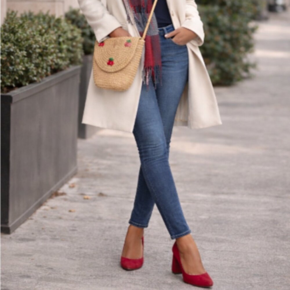 Anne Klein Suede Block Heel Shoes Size 7 + Scarf + Straw Bag Red Accessory Set